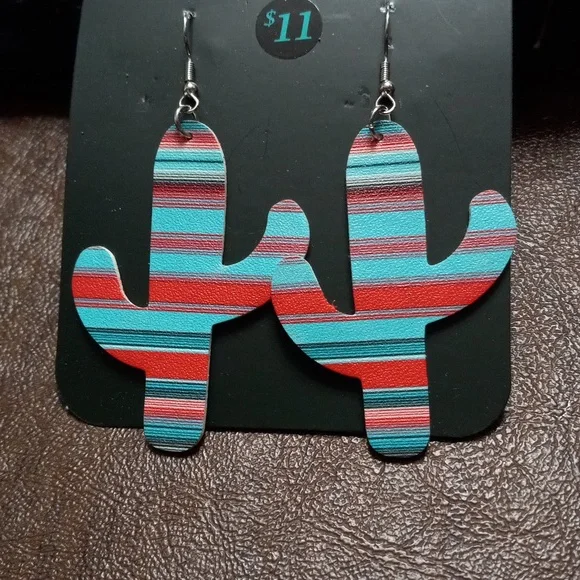 Serape Pleather Cactus Earrings - Picture 3 of 5